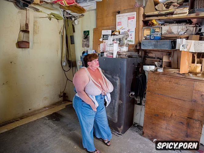short hair, worlds largest most floppy most saggy breasts, standing inside 1970 se small livinroom
