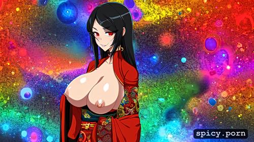 japanese lady, 20 yo, red long dress, flashing boobs, black long hair