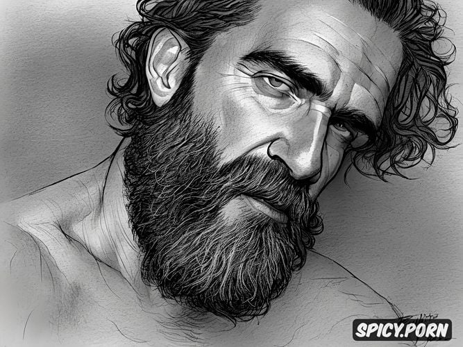 age, full shot, detailed artistic pencil nude sketch of a bearded hairy man