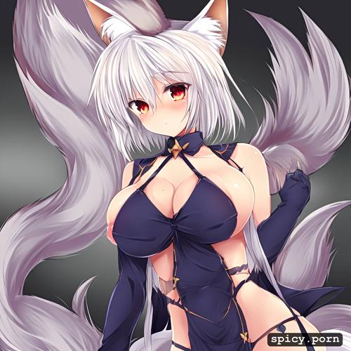 fox ears, cute fox woman, short hair, white hair, blushing, big eyes