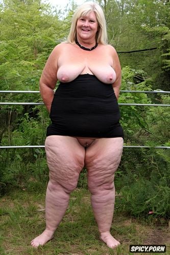 small shrink boobs, front view, an old fat woman naked with obese ssbbw belly