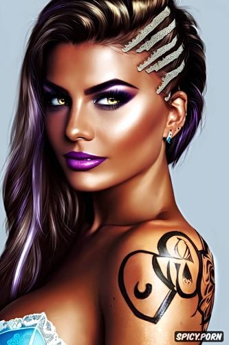 tattoos masterpiece, ultra detailed, sombra overwatch beautiful face young sexy low cut soft yellow lace lingerie