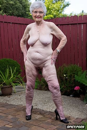 saggy, old irish granny, shapely, gilf, background patio, big saggy tits