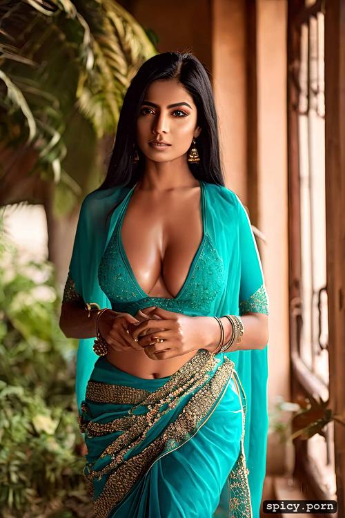 natural tits, pretty face, saree, full front view, oiled athletic body