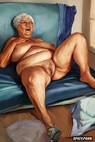real skin wrinkles fat legs, the very old fat grandmother has nude pussy under her skirt