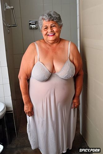 visible pussy, thick, she smile, flabby loose belly skin, wearing a wet sleeveless loose coton light grey night gown