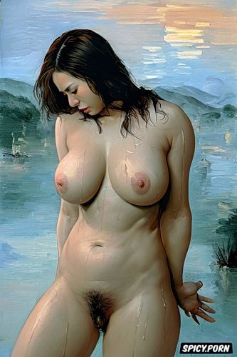 impressionism monet, thai woman, fat thighs, open mouth, realism painting