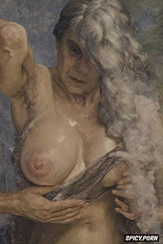 taking a bath, post impressionist fauves erotic art, fog, touching breasts tiled bathing