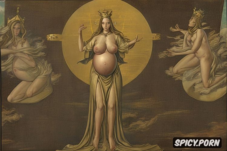 spreading legs shows pussy, robe, virgin mary nude, holy, holding a globe
