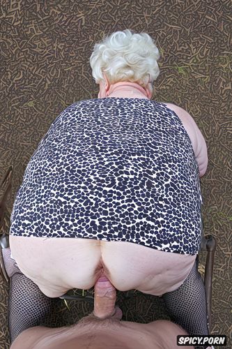 white granny, squatting, rear view, hyperrealistic pregnant pissing cellulite thighs blonde short haircut