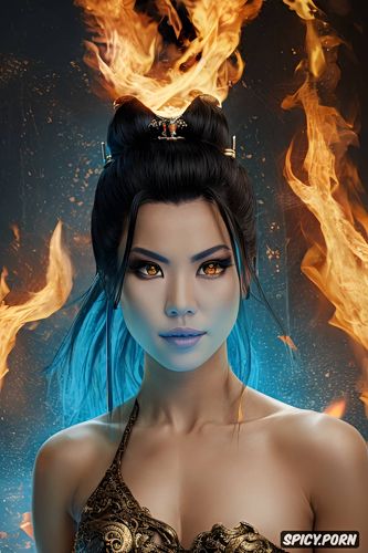 surrounded by blue fire, pouty lips, smirk, head shot, avatar the last airbender