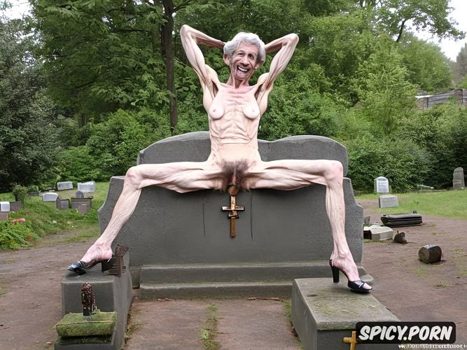 skeletal, one super old granny, short grey hair, spreading legs