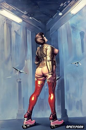 pink nipples, large feet, female officer, long legs, space age