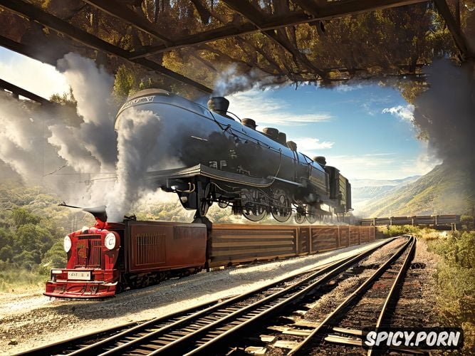 steam engine, freight train with steam locomotive, beautiful landscape