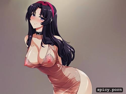 smile, pussy, transparent clothes, grey eyes, dark hair, pussy visible through clothes