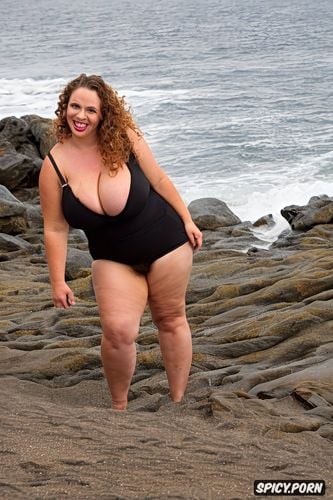 half view, long curly hair, half view, giant chubby breasts