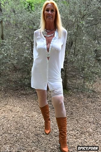 submissive slut, elegant white gilf with opened white blouse