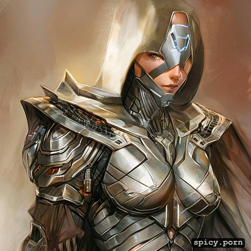 wearing a cloak, human, color, techno organic exoskeleton armor
