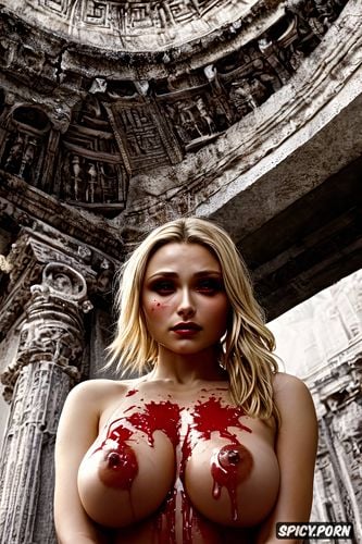 sharp focus, full pov in an ancient temple, lactating, topless
