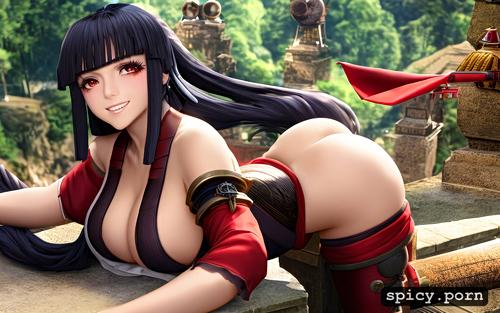anal gape, rounded ass, cute face, smile, nakoruru samurai shodown