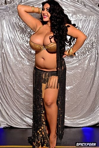 long black wavy hair, beautiful belly dance costume, color photo