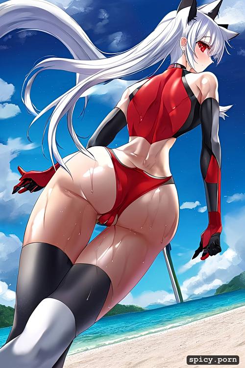red eyes, looking over her back, forced on the ground, white hair colour