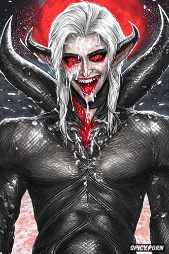 red eyes, masterpiece, devil horns, bleeding penis, white hair
