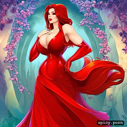 nude, jessica rabbit, digital art, highly detailed, 1woman, red dress
