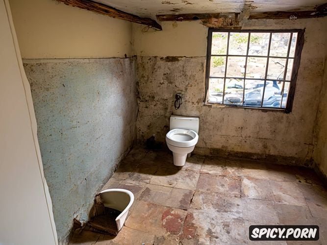 the tiles are cracked and peeling in some places, plastic bottles and other objects are scattered on the floor