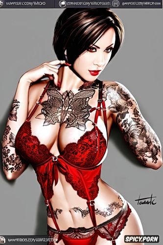 high resolution, ultra detailed, ada wong resident evil beautiful face young sexy low cut red lace lingerie