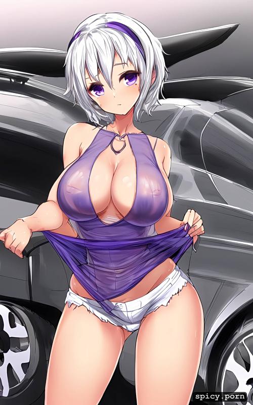 standing in front of concept car, tanktop with underboob and short shorts