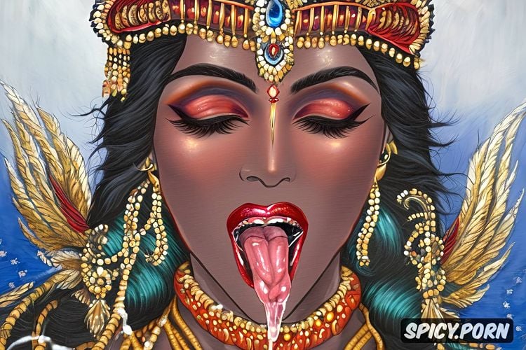 indian godess kali, tongue play, white cum on face