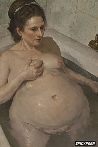 chubby belly, elderly woman, textured impasto oil paint, cézanne oil painting