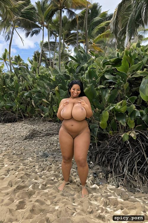 full nude body view, wide hips, color photo, thick, full front view