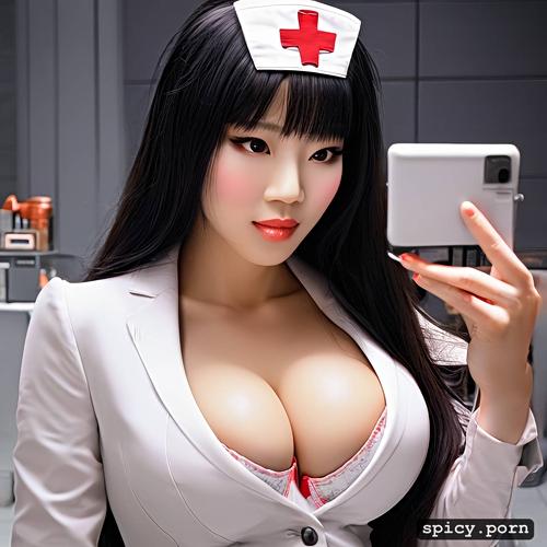 office, sexy body, dark hair, beautiful face, nurse, long hair