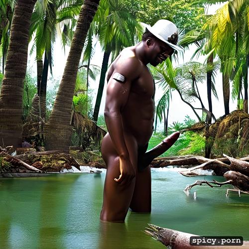 daniel kaluuya, small dick, big balls, standing naked, swamp