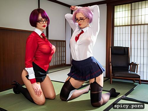 thigh high socks, red necktie, punishment, red pleated skirt