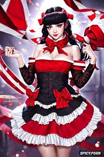 red frilly dress, bows and ribbons, cute young face, lydia deetz