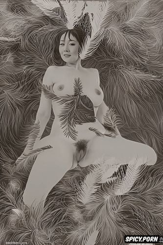 hairy vagina, spreading legs, sepia, feathers, royalty, drawing