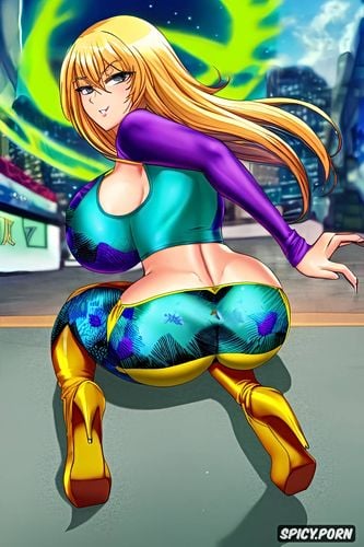 ass up, blond woman, spandex satin colorful sporty printed yoga leggings with spandex satin high neck long sleeve with gloves crop top