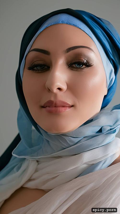 bimbo, realistic, blue jilbab, 8k, solid colored, masterpiece