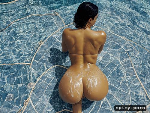 in bright sunlight, view from behind, short black hair, in a pool of cum