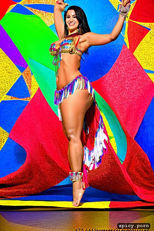anatomically correct, perfect stunning smiling face, beautiful bellydance costume with matching bikini top