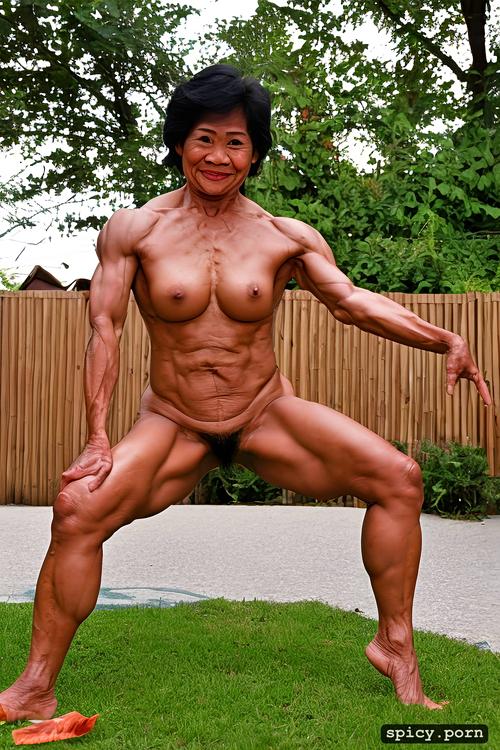 thai granny, realistic face, unmatched strength, short hair