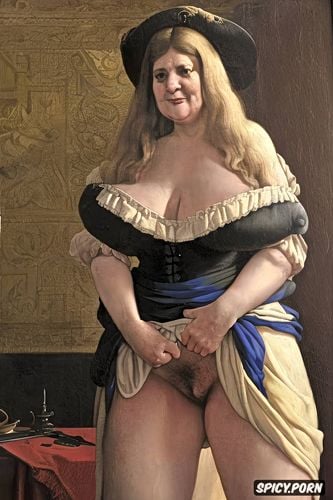 veins on the chest, the very old fat grandmother has nude pussy under her skirt