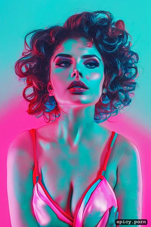 curvy body, beautiful face, retrowave colours hair, huge breasts