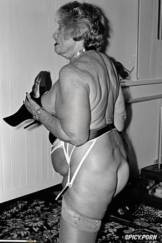 very old and horny grandmother, classy, standing in bedroom completely nude