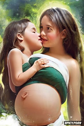 create an image of a naked pregnant year old woman being encouraged by her little brother