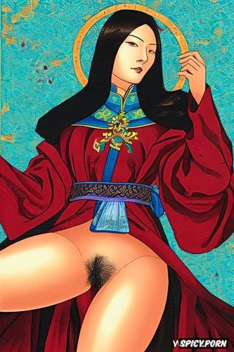red transparent veil, japanese woodblock print, van dyck, spreading her legs