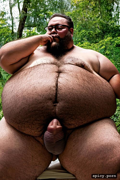 american man, naked, whole body, show large penis, realistic very hairy big belly